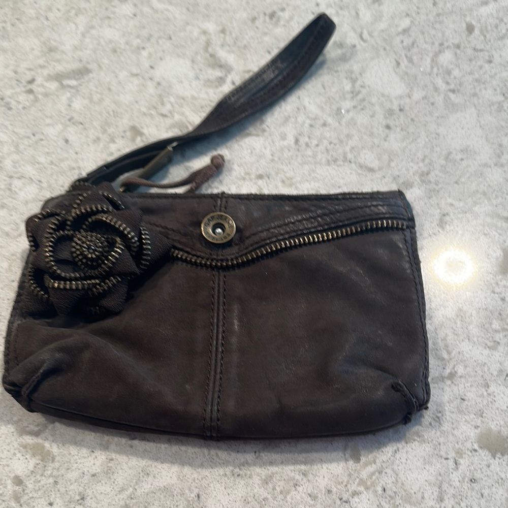 Gap Brown Brushed Leather Wristlet with zipper flower embellishment